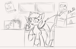 Size: 1980x1298 | Tagged: safe, artist:krash42, imported from derpibooru, oc, oc only, bat pony, pony, bat pony oc, beaker, clothes, cute, ear fluff, female, laboratory, mare, microscope, monochrome, newbie artist training grounds, poster, raised hoof, science, socks, solo, spread wings, test tube, wings