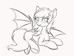 Size: 1920x1440 | Tagged: safe, artist:krash42, imported from derpibooru, oc, oc only, bat pony, pony, bat pony oc, bat wings, chest fluff, cute, ear fluff, fangs, female, lidded eyes, looking at you, lying down, mare, monochrome, newbie artist training grounds, simple background, solo, tongue out, wings