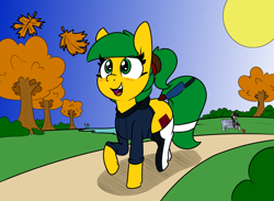 Size: 1280x936 | Tagged: safe, artist:lockheart, imported from derpibooru, oc, oc:blocky bits, oc:ivy, pony, clothes, outdoors, walking