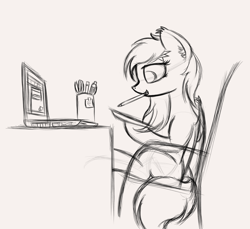 Size: 1920x1760 | Tagged: safe, artist:krash42, imported from derpibooru, oc, oc only, bat pony, pony, bat pony oc, computer, cute, ear fluff, female, laptop computer, mare, monochrome, mouth hold, newbie artist training grounds, pencil drawing, simple background, sitting, solo, traditional art