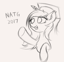 Size: 1980x1914 | Tagged: safe, artist:krash42, imported from derpibooru, oc, oc only, bat pony, pony, bat pony oc, bat wings, chest fluff, cute, ear fluff, fangs, female, graduation cap, hat, mare, monochrome, newbie artist training grounds, open mouth, simple background, smiling, solo, wings