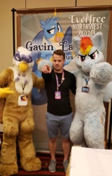 Size: 1311x2048 | Tagged: safe, artist:spainfischer, imported from derpibooru, gallus, gilda, rainbow dash, griffon, human, everfree northwest, fursuit, gavin langelo, irl, irl human, photo, sydneyroo(coser)