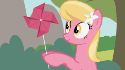 Size: 480x270 | Tagged: safe, artist:forgalorga, imported from derpibooru, lily valley, rainbow dash, earth pony, pegasus, pony, animated, blinking, confused, cute, everypony is strange, eye contact, female, flower, flower in hair, frown, hoof hold, lilybetes, looking at each other, looking at something, looking down, looking up, mare, mouth hold, nom, open mouth, pinwheel (toy), pure unfiltered evil, show accurate, stealing, wat, wide eyes