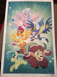 Size: 1536x2048 | Tagged: safe, artist:tonyfleecs, imported from derpibooru, gallus, ocellus, sandbar, silverstream, smolder, yona, >:d, cute, diaocelles, diastreamies, everfree northwest, flying, gallabetes, happy, sandabetes, smiling, smirk, smolderbetes, student six, yonadorable