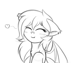 Size: 1510x1340 | Tagged: safe, artist:krash42, imported from derpibooru, oc, oc only, bat pony, pony, bat pony oc, bat wings, blushing, chest fluff, cute, ear fluff, eyes closed, fangs, female, floppy ears, heart, mare, monochrome, newbie artist training grounds, raised hoof, simple background, solo, white background, wings