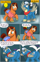 Size: 6288x9626 | Tagged: safe, artist:cactuscowboydan, imported from derpibooru, oc, oc:air brakes, oc:nova reactor, earth pony, pegasus, pony, unicorn, comic:fusing the fusions, comic:the bastion of canterlot, booty inflation, butt, canterlot, canterlot castle, cape, clothes, comic, commissioner:bigonionbean, conductor hat, conjoined, cutie mark fusion, dat ass was fat, dat butt, dialogue, fat ass, forced, fuse, fused, fusion, fusion:air brakes, fusion:caboose, fusion:nova reactor, fusion:promontory, fusion:sunburst, glasses, goggles, gymnasium, hat, jiggle, jiggling, magic, male, merge, merging, out of control magic, plot, potion, scarf, shirt, short tail, stallion, swelling, tail wag, talking to themself, the ass was fat, thicc ass, thick, uniform, wonderbolts, wonderbolts uniform, writer:bigonionbean
