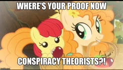 Size: 720x412 | Tagged: safe, edit, edited screencap, imported from derpibooru, screencap, apple bloom, pear butter, earth pony, pony, going to seed, apple, baby apple bloom, baby pony, caption, cropped, drool, duo, female, filly, foal, food, image macro, loonex, mare, meme, mother and daughter, mouth hold, text, where is your god now?, younger