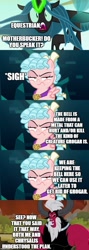 Size: 500x1406 | Tagged: safe, edit, edited screencap, editor:lord you know who, imported from derpibooru, screencap, cozy glow, lord tirek, queen chrysalis, centaur, changeling, changeling queen, pegasus, pony, comic:the epilogue, frenemies (episode), comic, cozy glow is not amused, fanfic art, female, filly, foal, glowing horn, grogar's bell, horn, implied grogar, legion of doom, male, pulp fiction, screencap comic, trio