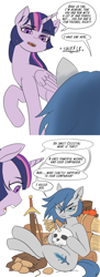 Size: 1280x3526 | Tagged: safe, artist:mod-of-chaos, imported from derpibooru, twilight sparkle, oc, oc:naked steel, oc:torch light, alicorn, earth pony, pony, unicorn, apple, comic, duo, ear piercing, earring, female, food, hay, jewelry, mare, piercing, potato, simple background, skull, speech bubble, sword, twilight sparkle (alicorn), warhammer (game), warhammer fantasy, weapon, wheat, white background