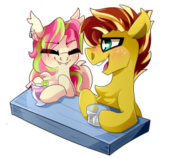 Size: 3157x2800 | Tagged: safe, artist:nekosnicker, imported from derpibooru, oc, oc:berry limeade, oc:honey drizzle, bat pony, earth pony, pony, alcohol, bar, bat pony oc, blushing, duo, ear piercing, eyes closed, fangs, freckles, piercing, smiling