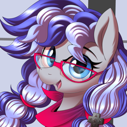 Size: 3000x3000 | Tagged: safe, artist:ask-colorsound, imported from derpibooru, oc, oc only, oc:cinnabyte, earth pony, pony, bandana, earth pony oc, female, glasses, icon, looking at you, mare, neckerchief, open mouth, pigtails, simple background, smiling, solo