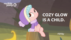 Size: 600x336 | Tagged: safe, edit, edited screencap, imported from derpibooru, screencap, cozy glow, pegasus, pony, frenemies (episode), captain obvious, clothes, coat, female, filly, no shit sherlock, sarcasm in the comments, solo, we know, you don't say