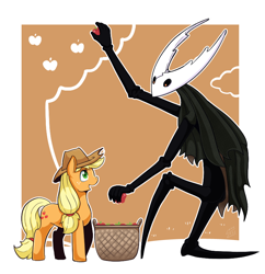 Size: 764x790 | Tagged: safe, artist:vavacung, imported from derpibooru, applejack, earth pony, pony, series:isekai no mlp, apple, apple tree, basket, cloud, crossover, duo, female, food, hollow knight, mare, pure vessel, tree