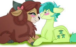 Size: 800x500 | Tagged: safe, artist:zee-stitch, imported from derpibooru, sandbar, yona, yak, blushing, bow, cloven hooves, female, hair bow, holding hooves, interspecies, looking at each other, male, missing accessory, monkey swings, prone, shipping, simple background, straight, teenager, yonabar