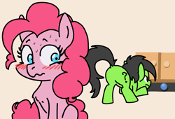 Size: 1765x1200 | Tagged: safe, artist:lockhe4rt, imported from derpibooru, pinkie pie, oc, oc:filly anon, earth pony, pony, ball, blushing, butt, eyes on the prize, face down ass up, female, filly, looking at butt, looking back, nervous, plot, question mark, simple background, sitting, sweat
