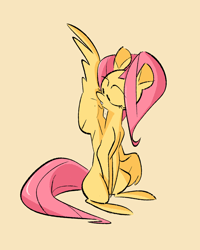 Size: 643x805 | Tagged: safe, artist:fluttershythekind, imported from derpibooru, fluttershy, pegasus, pony, behaving like a bird, female, mare, missing cutie mark, preening, simple background, sitting, solo, yellow background