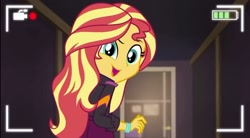 Size: 1281x705 | Tagged: safe, imported from derpibooru, screencap, sunset shimmer, equestria girls, equestria girls series, how to backstage, spoiler:eqg series (season 2), cute, female, looking at you, looking back, looking back at you, open mouth, raised eyebrow, recording, selfie drone, shimmerbetes, smiling, solo