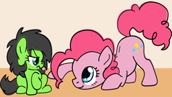 Size: 1280x720 | Tagged: safe, artist:lockhe4rt, imported from derpibooru, pinkie pie, oc, oc:filly anon, earth pony, pony, annoyed, behaving like a cat, face down ass up, female, filly, raised hoof, simple background, sitting, smiling