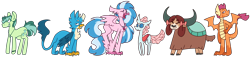 Size: 6609x1513 | Tagged: safe, artist:maxieforest, imported from derpibooru, gallus, ocellus, sandbar, silverstream, smolder, yona, changedling, changeling, classical hippogriff, dragon, earth pony, griffon, hippogriff, pony, yak, absurd resolution, bow, chest fluff, cloven hooves, colored hooves, dragoness, ear piercing, eyes closed, female, grin, hair bow, hand on hip, jewelry, line-up, male, monkey swings, necklace, open mouth, piercing, simple background, smiling, student six, teenager, transparent background