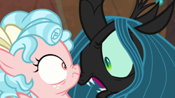 Size: 1920x1080 | Tagged: safe, imported from derpibooru, screencap, cozy glow, queen chrysalis, changeling, changeling queen, pegasus, pony, frenemies (episode), cozybuse, fangs, female, filly, foal, open mouth, wide eyes