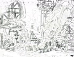 Size: 2396x1864 | Tagged: safe, artist:brekrofmadness, imported from derpibooru, canterlot castle, grayscale, house, monochrome, no pony, ponyville, town, traditional art