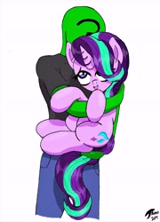 Size: 5469x7600 | Tagged: safe, artist:brekrofmadness, imported from derpibooru, starlight glimmer, oc, oc:anon, pony, absurd resolution, cute, female, holding a pony, hug, mare, simple background, white background