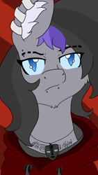 Size: 1836x3264 | Tagged: safe, artist:feelingpandy, imported from derpibooru, oc, oc only, oc:lunar stride, bat pony, pony, bat pony oc, blank expression, blue eyes, blue sclera, clothes, ear piercing, eyebrow piercing, hoodie, jewelry, latin, lip piercing, necklace, piercing, red background, simple background, tattoo