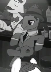 Size: 269x383 | Tagged: safe, imported from derpibooru, screencap, pony, sparkle's seven, background pony, bartender, clothes, cropped, cute, grayscale, handsome, hat, juice jackie, leaning, leaning back, monochrome, noir, relaxed, short tail, sitting, sitting pretty, tuxedo, unnamed character, unnamed pony