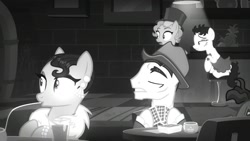 Size: 1702x957 | Tagged: safe, imported from derpibooru, screencap, betty hoof, cleopatra jazz, marelene dietrot, pony, season 9, sparkle's seven, spoiler:s09, background pony, bar, card, clothes, dress, female, grayscale, hat, hoof hold, looking at someone, male, mare, monochrome, noir, playing card, stallion, surprised