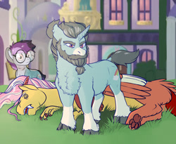 Size: 1024x838 | Tagged: safe, artist:loryska, imported from derpibooru, oc, oc only, oc:larkspur, oc:niko, oc:scraps, draconequus, hybrid, pony, unicorn, beard, cloven hooves, colt, facial hair, glasses, interspecies offspring, male, offspring, parent:derpy hooves, parent:discord, parent:doctor whooves, parent:fluttershy, parents:discoshy, parents:doctorderpy, stallion