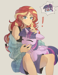 Size: 1400x1800 | Tagged: safe, artist:tcn1205, imported from derpibooru, sci-twi, sunset shimmer, twilight sparkle, alicorn, human, pony, equestria girls, cute, duo, exclamation point, eyes closed, female, holding a pony, human on pony petting, humanized, implied lesbian, implied scitwishimmer, implied shipping, implied sunset twiangle, implied sunsetsparkle, lesbian, looking at you, petting, pony coloring, scitwishimmer, shipping, sitting on lap, sunset twiangle, sunsetsparkle, twiabetes, twilight sparkle (alicorn), twolight