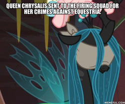 Size: 600x498 | Tagged: safe, edit, edited screencap, imported from derpibooru, screencap, queen chrysalis, changeling, changeling queen, frenemies (episode), blindfold, caption, cropped, duo, female, firing squad, image macro, implied execution, meme, memeful.com, text, this will end in death