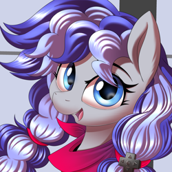 Size: 3000x3000 | Tagged: safe, artist:ask-colorsound, imported from derpibooru, oc, oc only, oc:cinnabyte, earth pony, pony, bandana, blue eyes, earth pony oc, female, icon, looking at you, mare, neckerchief, pigtails, purple, simple background, smiling, solo