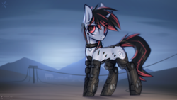 Size: 1920x1080 | Tagged: safe, artist:justafallingstar, imported from derpibooru, oc, oc only, oc:blackjack, cyborg, pony, unicorn, fallout equestria, fallout equestria: project horizons, amputee, augmented, collar, colored sketch, cyber legs, cybernetic legs, fanfic art, female, level 2 (project horizons), mare, solo