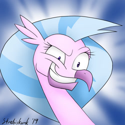 Size: 899x899 | Tagged: safe, artist:strebiskunk, imported from derpibooru, silverstream, hippogriff, she's all yak, >:d, bust, cute, diastreamies, evil grin, faic, female, grin, portrait, scene interpretation, smiling, solo, sunburst background, you look so weird