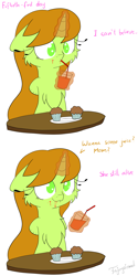 Size: 3000x6000 | Tagged: safe, artist:fajnyziomal, imported from derpibooru, oc, oc only, oc:świstek#1, plant pony, pony, unicorn, comic:świstek, amputee, cheek fluff, chest fluff, comic, drinking, food, glass, juice, levitation, magic, missing limb, muffin, solo, straw, stump, telekinesis, tomato juice