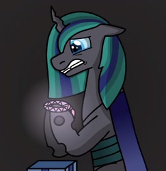 Size: 1403x1441 | Tagged: safe, artist:kindheart525, imported from derpibooru, oc, oc only, oc:philia agape armet, changepony, hybrid, unicorn, kindverse, bracelet, crying, friendship bracelet, interspecies offspring, jewelry, offspring, parent:queen chrysalis, parent:shining armor, parents:shining chrysalis, solo