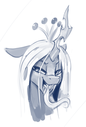 Size: 1901x2793 | Tagged: safe, artist:dimfann, imported from derpibooru, queen chrysalis, changeling, changeling queen, bust, drool, fangs, female, grayscale, lidded eyes, long tongue, monochrome, open mouth, portrait, simple background, smiling, solo, tongue out, white background
