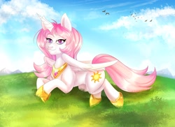 Size: 2560x1867 | Tagged: safe, artist:arinadler, imported from derpibooru, princess celestia, alicorn, pony, female, hill, jewelry, mare, pink-mane celestia, prone, regalia, smiling, solo, younger