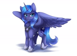 Size: 2200x1600 | Tagged: safe, artist:arinadler, imported from derpibooru, princess luna, alicorn, pony, female, hoof shoes, signature, simple background, smiling, solo, white background, younger