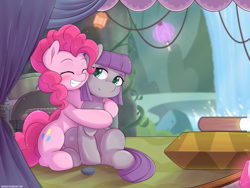 Size: 3200x2400 | Tagged: safe, artist:tikrs007, imported from derpibooru, maud pie, pinkie pie, earth pony, pony, blushing, book, cute, diapinkes, duo, eyes closed, female, hug, lamp, mare, maud's cave, maudabetes, sibling love, siblings, sisterly love, sisters, smiling, when she smiles