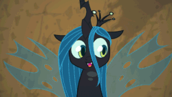 Size: 1280x720 | Tagged: safe, artist:eqamrd, imported from derpibooru, queen chrysalis, changeling, changeling queen, frenemies (episode), season 9, spoiler:s09, animated, cute, cute little fangs, cutealis, daaaaaaaaaaaw, eye shimmer, fangs, featured image, female, gif, happy, headbob, highlights, hnnng, horn, metronome, open mouth, party soft, perfect loop, smiling, solo, teeth, tongue out, weapons-grade cute, wings