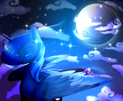 Size: 1399x1149 | Tagged: safe, artist:tongza322srms, imported from derpibooru, princess luna, pony, cloud, eyes closed, female, full moon, moon, night, signature, sky, solo, stars