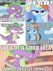 Size: 658x882 | Tagged: safe, edit, edited screencap, editor:undeadponysoldier, imported from derpibooru, screencap, applejack, fluttershy, rainbow dash, spike, dragon, earth pony, pegasus, pony, owl's well that ends well, angry, caption, cloudsdale, crystal empire, female, golden oaks library, image macro, male, mare, patty hype, reference, sponge, spongebob squarepants, text, twilight's castle, wrong aspect ratio