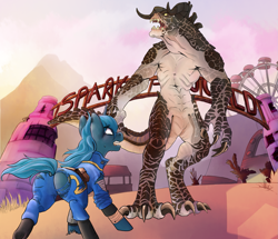 Size: 2035x1754 | Tagged: safe, alternate version, artist:charlie-bad-touch, imported from derpibooru, oc, oc only, oc:quakeponi, deathclaw, pony, unicorn, fallout equestria, butt, claws, clothes, commission, fallout, fallout 4, featureless crotch, horns, jumpsuit, plot, ripped pants, sparkle world, vault suit