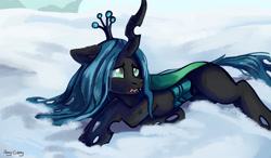 Size: 3000x1746 | Tagged: safe, artist:ami-gami, artist:amy-gamy, imported from derpibooru, queen chrysalis, changeling, changeling queen, frenemies (episode), crown, drained, female, floppy ears, jewelry, open mouth, prone, regalia, scene interpretation, scuff mark, signature, snow, solo, weak