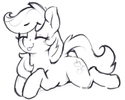 Size: 802x644 | Tagged: safe, artist:dimfann, imported from derpibooru, applejack, earth pony, pony, cute, eyes closed, female, jackabetes, mare, monochrome, prone, silly, silly pony, solo, tongue out, who's a silly pony