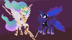 Size: 1280x720 | Tagged: safe, artist:sillyfillystudios, imported from derpibooru, princess celestia, princess luna, pony, fall of the crystal empire, animated, armor, duo, female, flying, gif, glowing eyes, glowing horn, halberd, horn, horn blade, magic, seizure warning, sisters, sword, warrior celestia, warrior luna, youtube link
