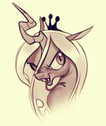 Size: 882x1046 | Tagged: safe, artist:imalou, imported from derpibooru, queen chrysalis, changeling, changeling queen, crown, female, jewelry, looking at you, monochrome, regalia, simple background, solo, tongue out, yellow background