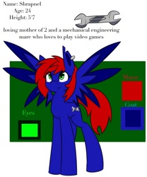 Size: 400x480 | Tagged: safe, artist:askhypnoswirl, imported from derpibooru, oc, oc only, oc:shrapnel, pegasus, pony, colored wings, cutie mark, ear piercing, female, mother, multicolored wings, piercing, reference sheet, simple background, text, wings, wrench